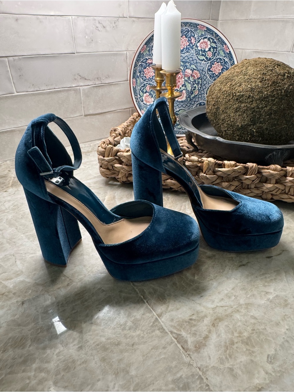 Gianni Bini Blue Velvet Platform Block Heels
